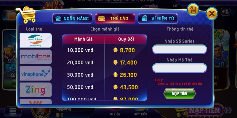 Nạp tiền Rikvip: Hướng dẫn nạp tiền chi tiết an toàn 3 Hình thức nạp tiền bằng thẻ cao thuận tiện rất chi tiết